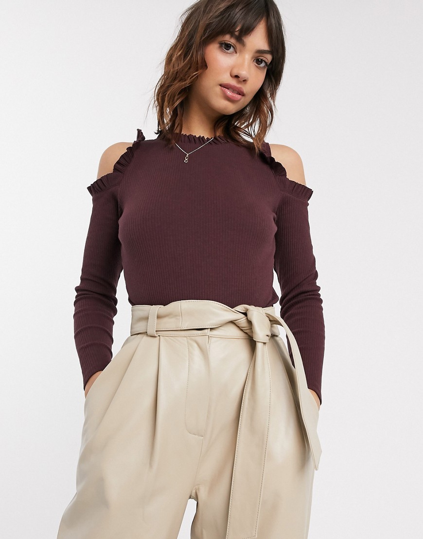 River Island long sleeve frill cold shoulder top in purple-Black