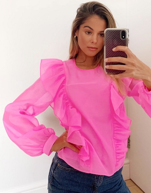 River Island long sleeve frill front blouse in pink