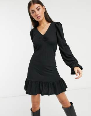 River Island Long Sleeve Frill Hem Mini Dress In Black