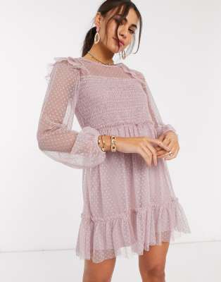 River Island long sleeve frill shirred mesh dress in pink