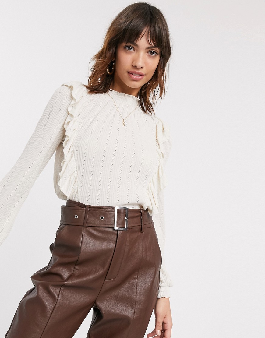 River Island long sleeve frill top in cream