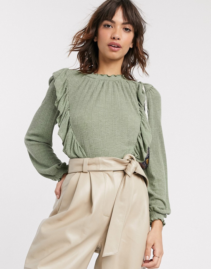River Island Long Sleeve Frill Top In Green-black