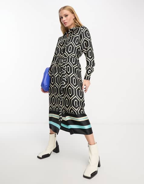 River Island long sleeve geo print midi shirt dress in black - view 1