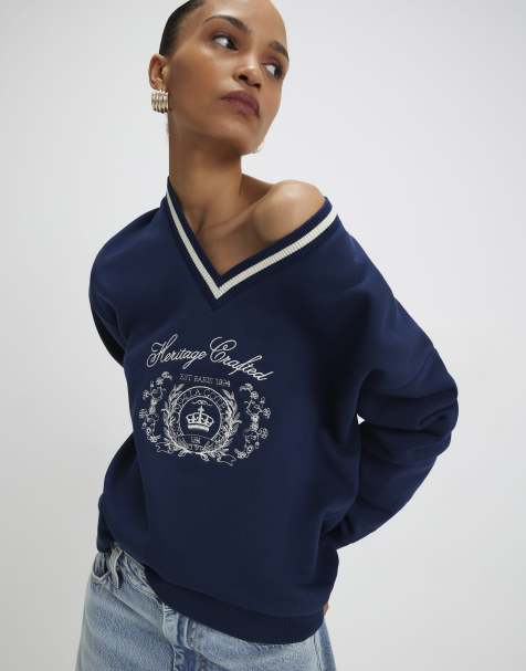 River Island Long sleeve heritage crest sweatshirt in navy - view 1