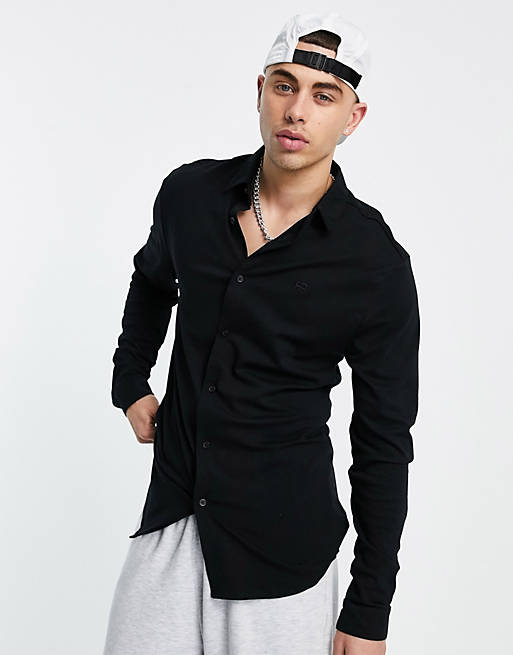 River Island long sleeve jersey muscle fit shirt in black