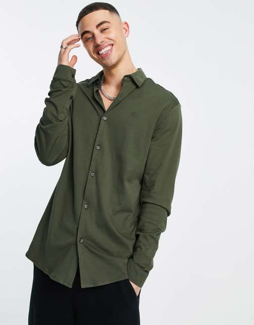 River Island long sleeve jersey muscle fit shirt in khaki ASOS
