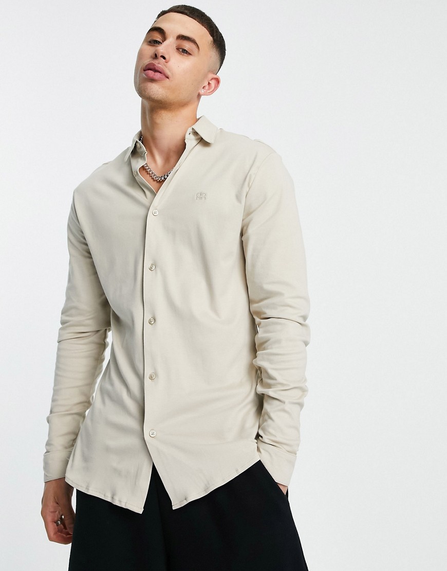 River Island long sleeve jersey muscle fit shirt in stone-White