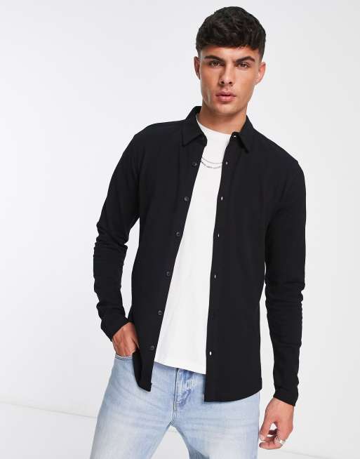 River Island long sleeve jersey shirt in navy