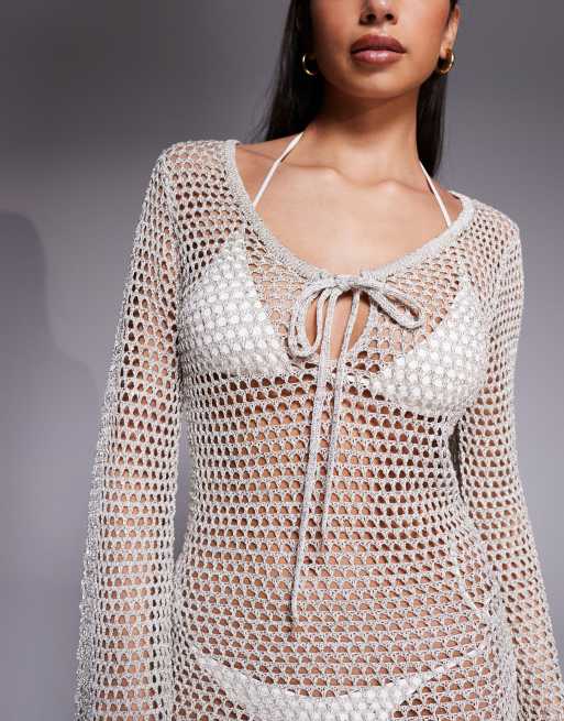 River Island long sleeve knitted beach dress in gold, 3 of 4