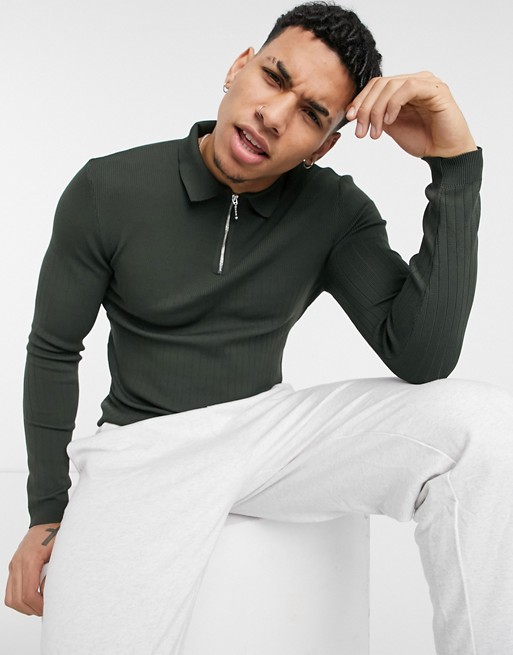 River Island long sleeve knitted ribbed polo in khaki