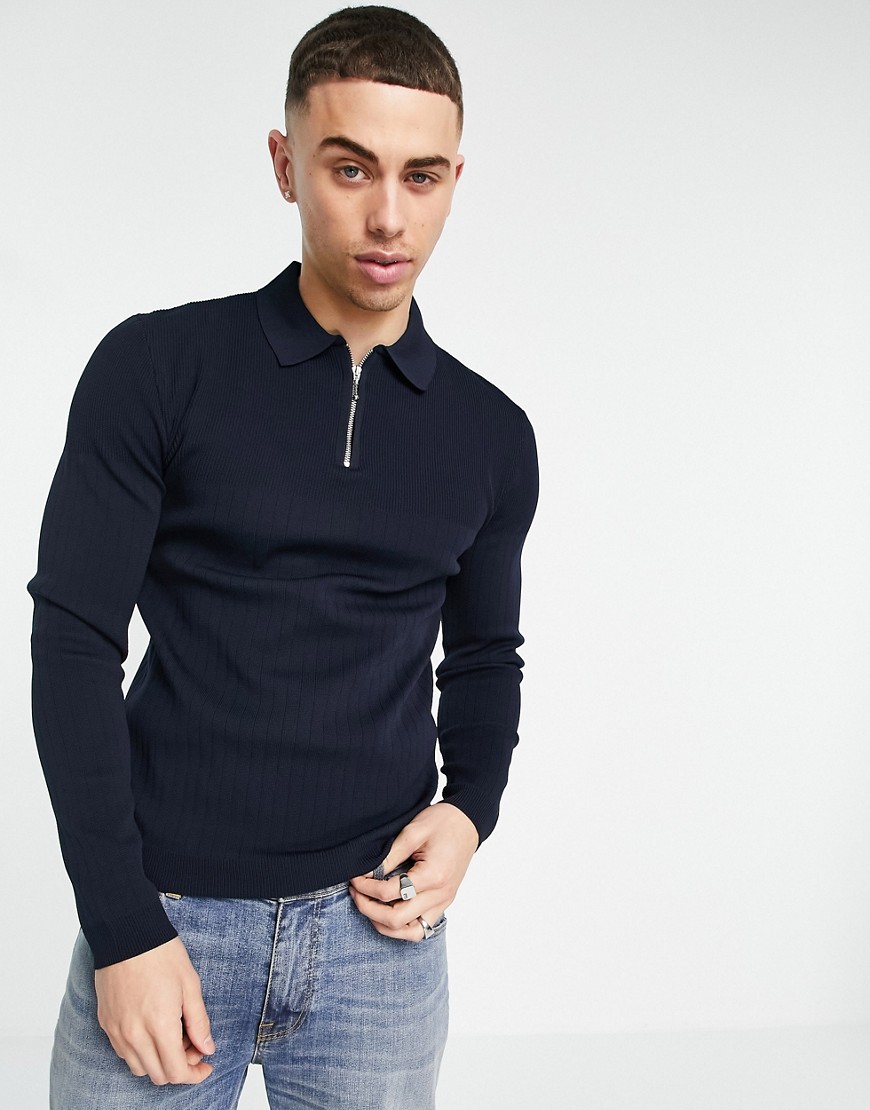 River Island long sleeve knitted ribbed polo in navy