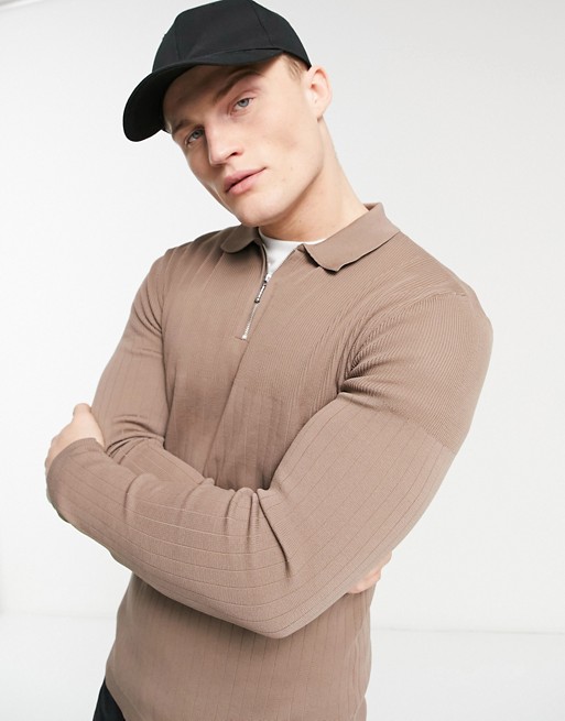River Island long sleeve knitted ribbed polo in stone
