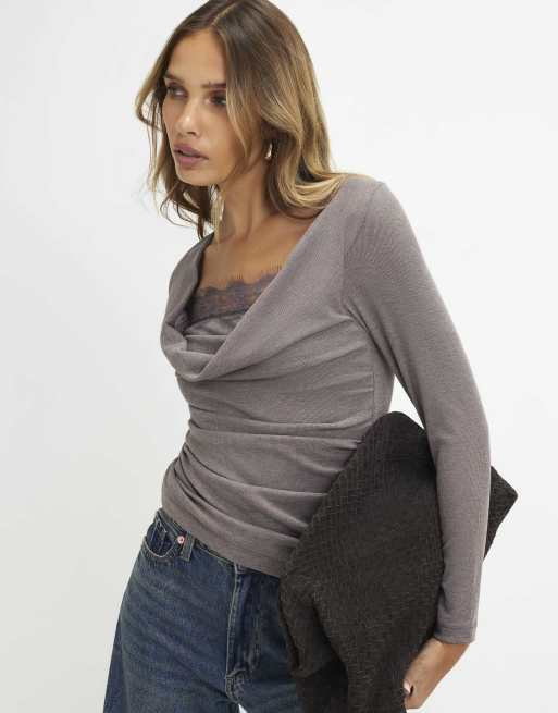 River Island Long sleeve lace drape top in brown - dark, 4 of 4