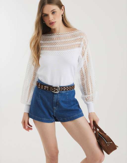 River Island Long sleeve lace hybrid jumper in white