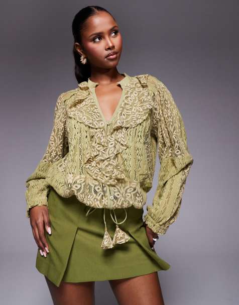 River Island long sleeve lace ruffle top in light green - view 1