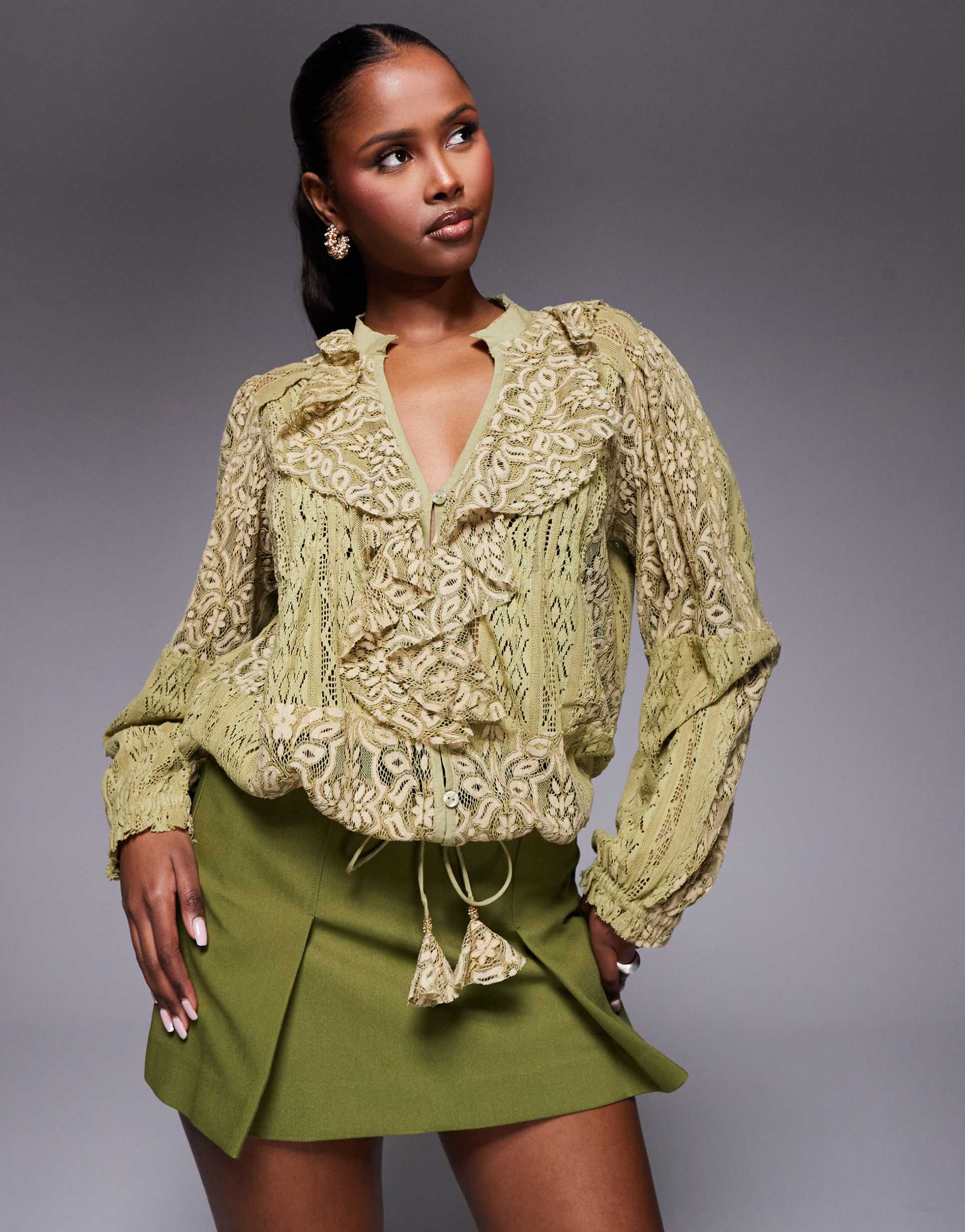 river island long sleeve lace ruffle top in light green