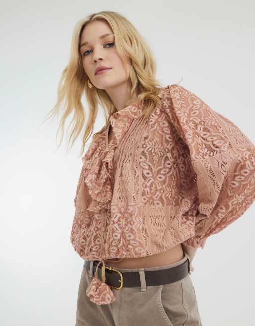 River Island Long sleeve lace ruffle top in pink - light