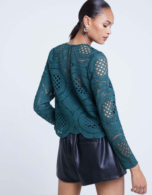 River Island Long sleeve lace t-shirt in green - dark | ASOS