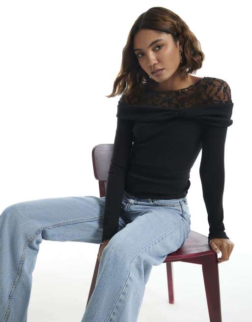 River Island Long sleeve lace twist top in black, 3 of 4