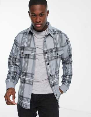 River Island Long Sleeve Large Scale Plaid Shirt In Gray