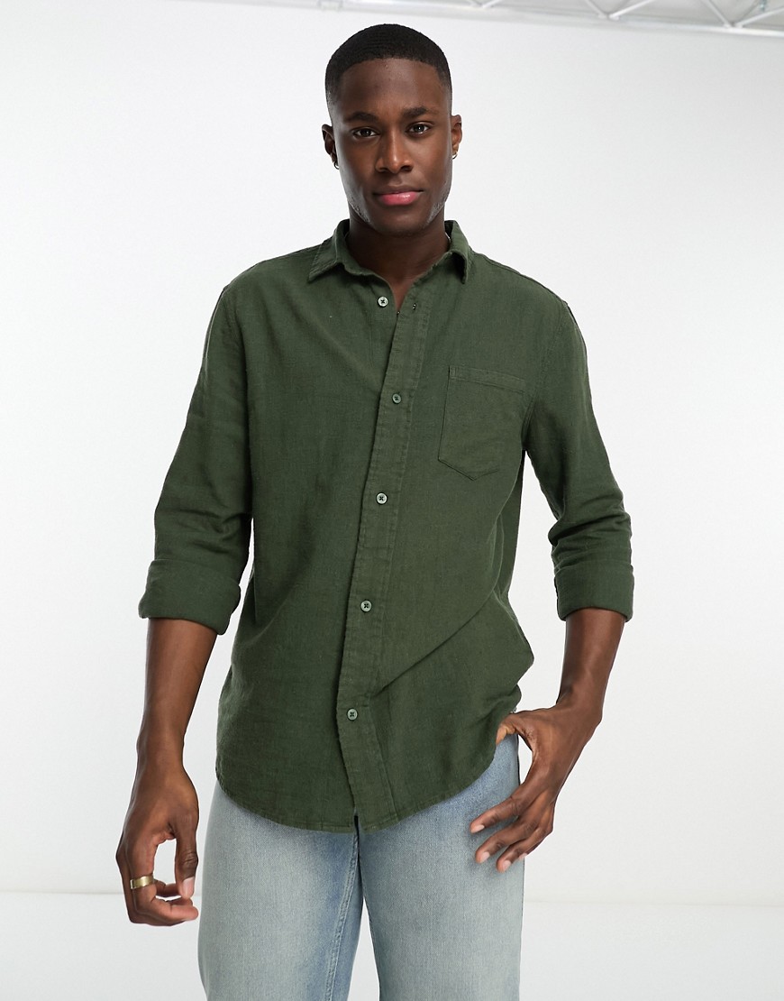 River Island Long Sleeve Linen Crepe One-pocket Shirt In Khaki-green
