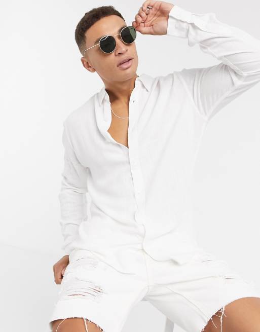 mens white linen shirt long sleeve
