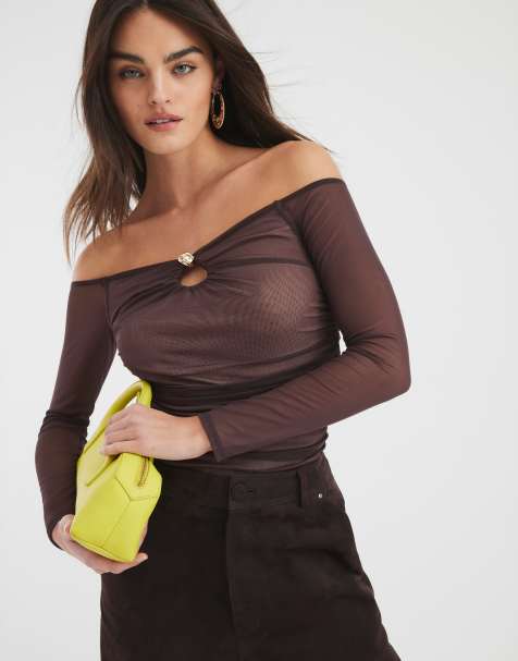 River Island Long sleeve mesh bardot top in brown - dark - view 1
