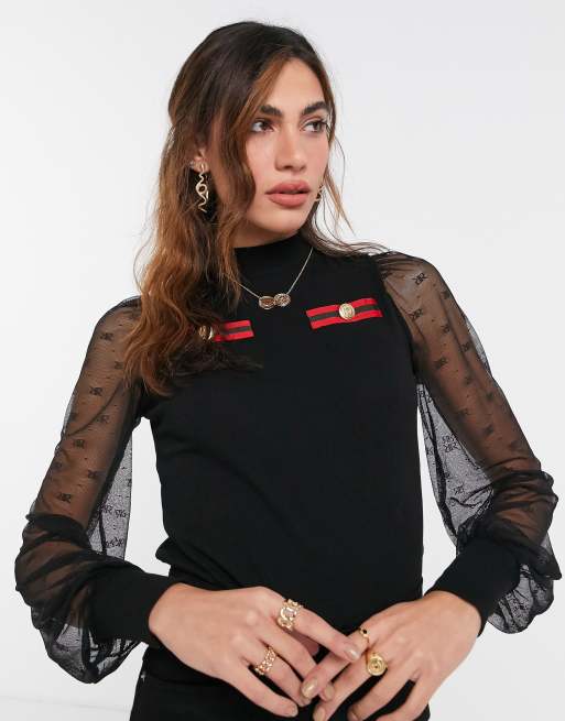 River Island high neck mesh puff sleeve top in black