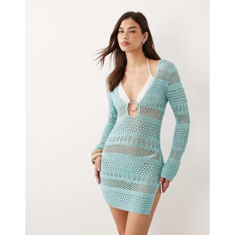 River Island long sleeve metallic knit beach dress in turquoise | ASOS
