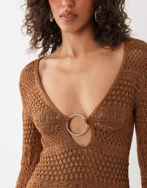 River Island long sleeve metallic knitted beach dress in bronze, 2 of 4