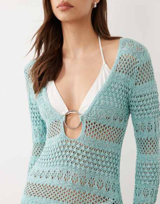 River Island long sleeve metallic knitted beach dress in turquoise, 3 of 4