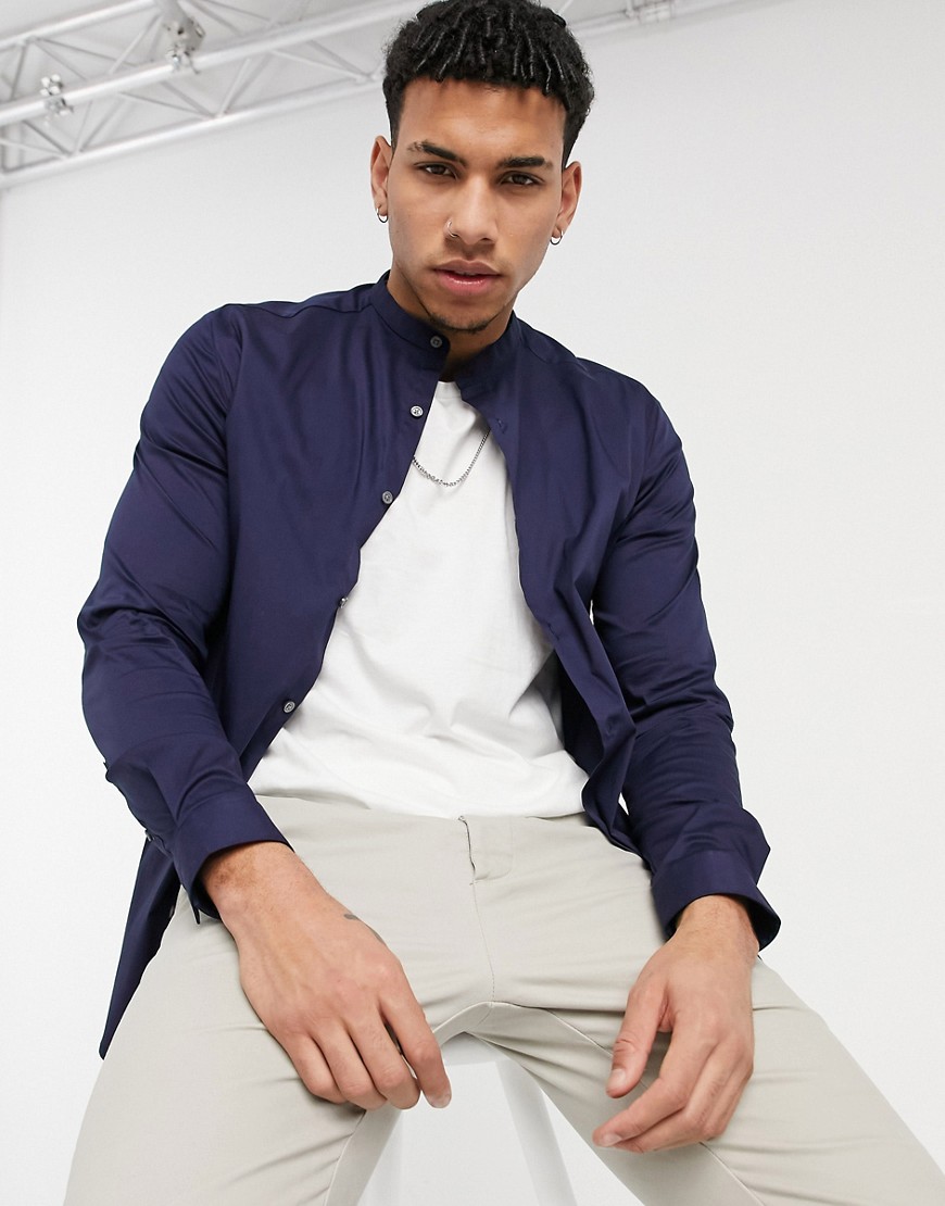 River Island long sleeve muscle fit shirt with grandad collar in navy