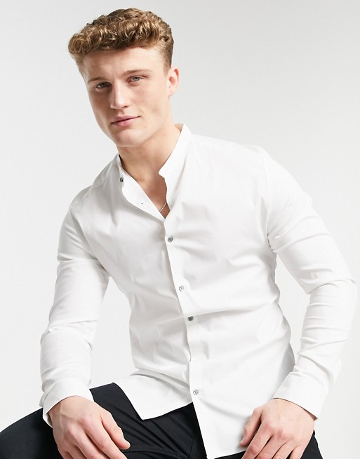 River Island long sleeve muscle fit shirt with grandad collar in white