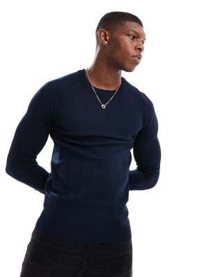 River Island Long Sleeve Muscle Fit T-shirt In Navy In Blue