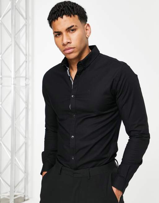 River Island long sleeve muscle oxford shirt in black