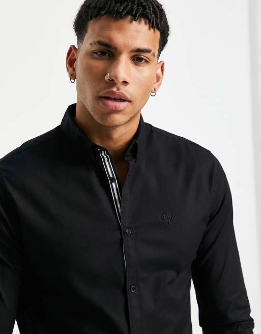 River Island long sleeve muscle oxford shirt in black