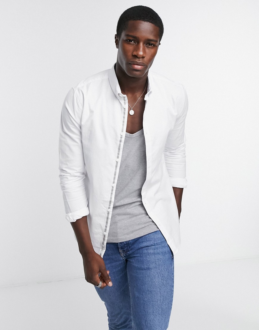 River Island long sleeve muscle oxford shirt in white