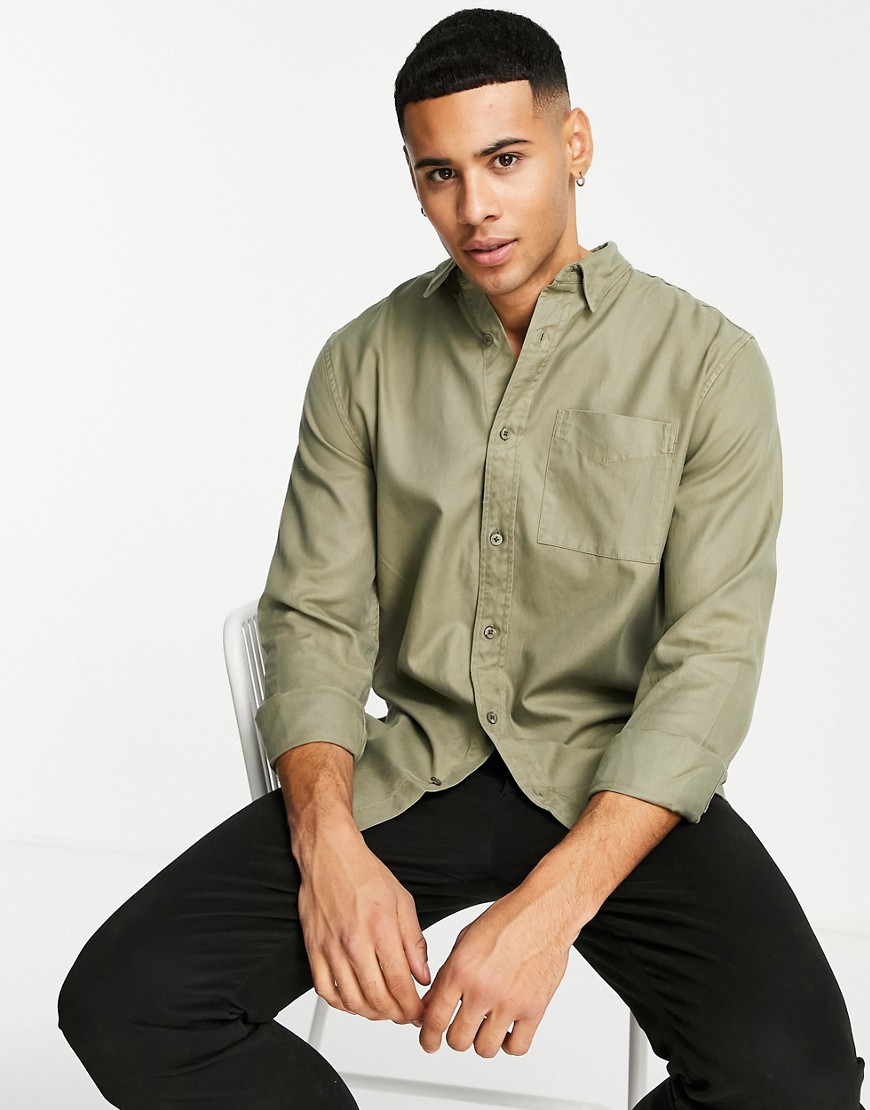 River Island Long Sleeve One Pocket Twill Shirt In Green