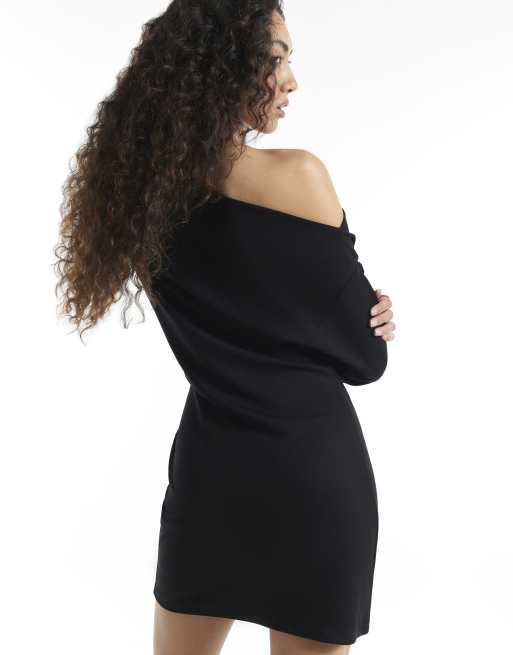 River Island Long sleeve one shoulder mini dress in black, 4 of 4