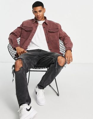 River Island long sleeve overshirt with double pocket in burgundy