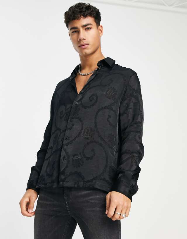 River Island long sleeve paisley sheer shirt in black