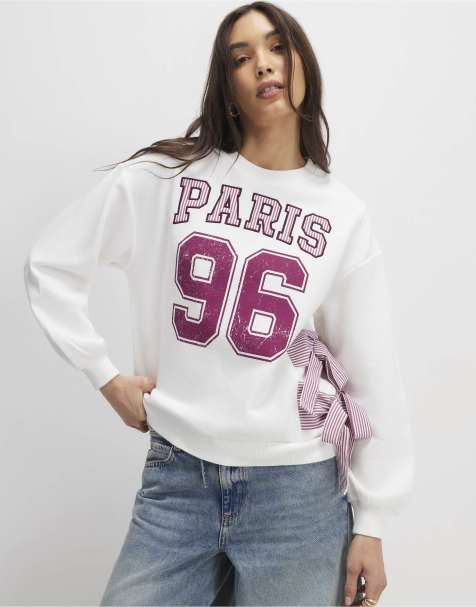 River Island Long sleeve paris bow sweatshirt in cream - view 1