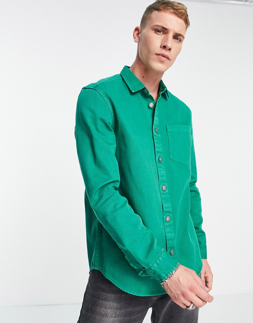 River Island Long Sleeve Pigment Dyed Twill Shirt In Green