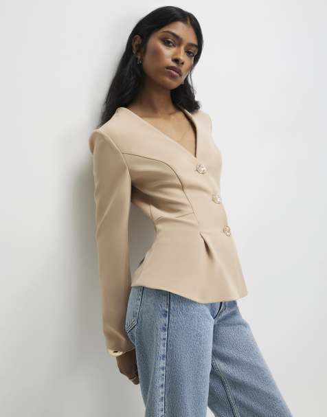 River Island Long sleeve pleated jacket in beige