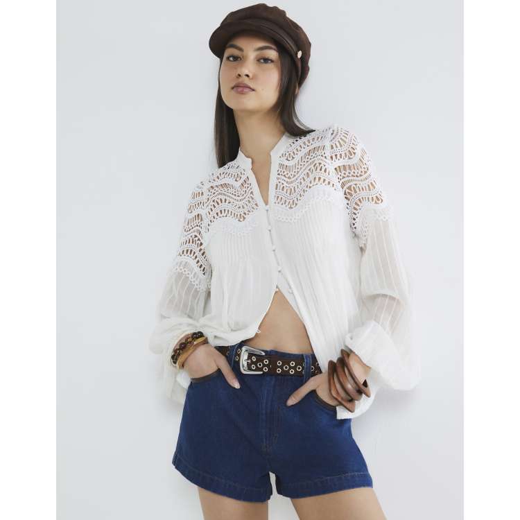 River Island Long sleeve pleated lace blouse in white | ASOS