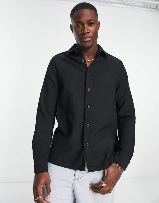 River Island long sleeve plisse shirt in black | ASOS