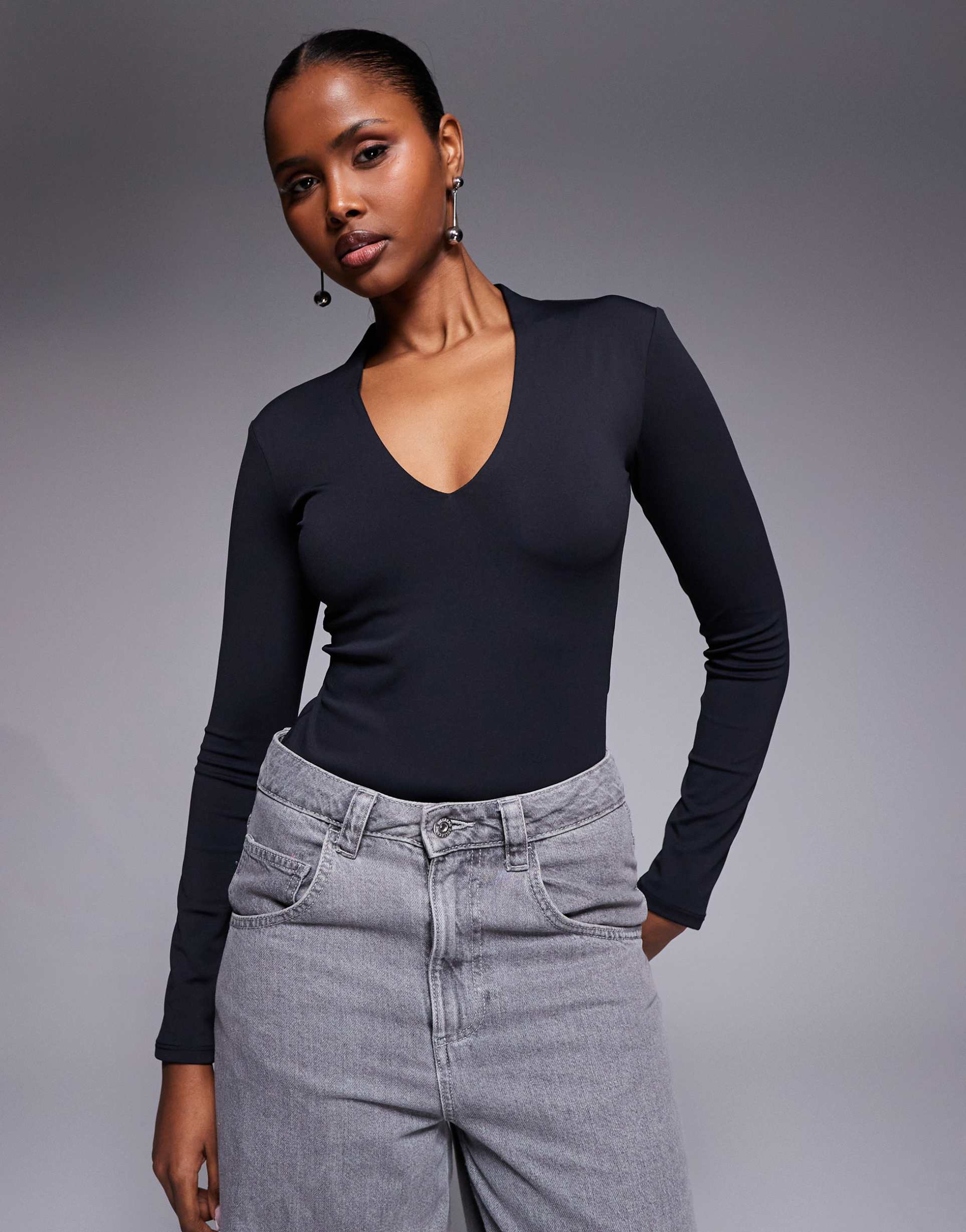 river island long sleeve plunge polyamide bodysuit in black