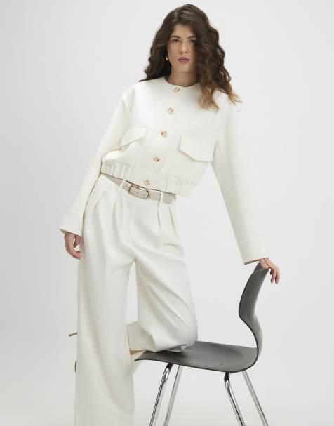 River Island Long sleeve pocket detail bomber jacket in cream