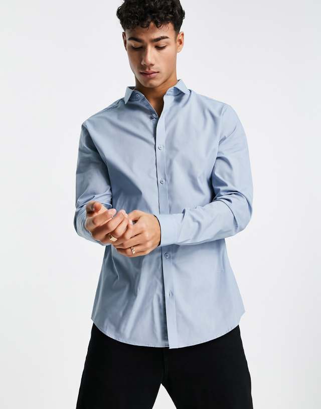 River Island - long sleeve poplin smart work shirt in blue