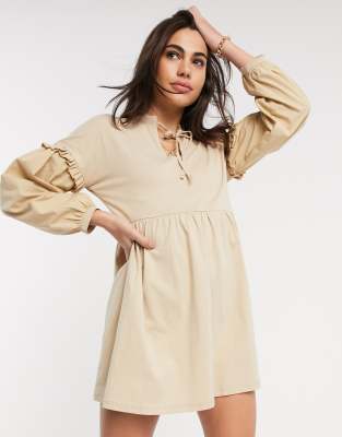 River Island long sleeve poplin tiered mini dress in beige